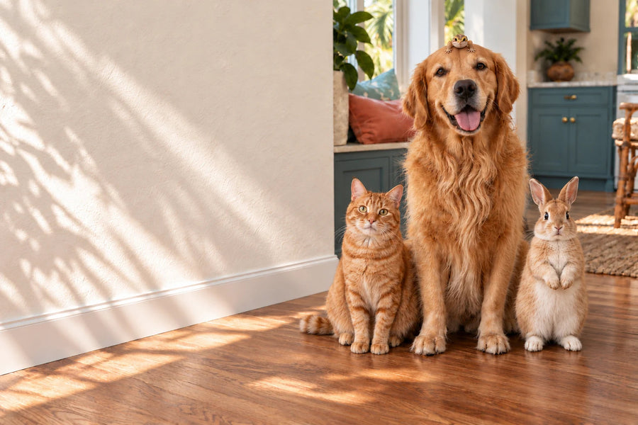 A golden retriever with a small leopard gecko on its head, an orange tabby cat and an upright bunny in a sunlit home