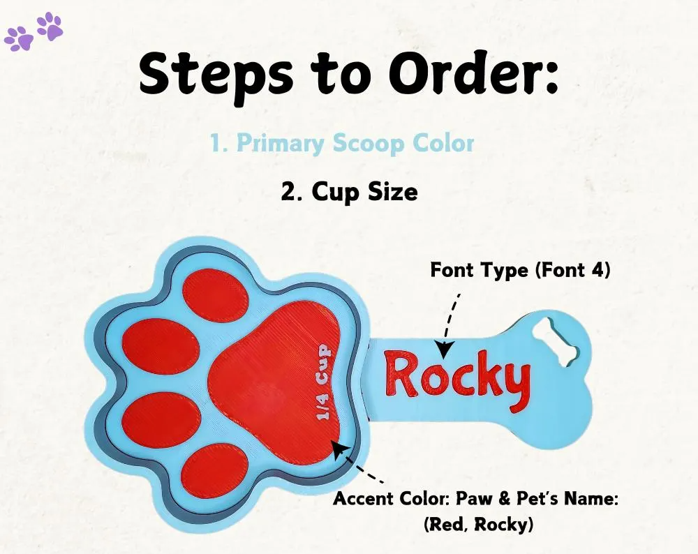 Instructions for ordering personalized pet bowls with paw and bone design on a white background.