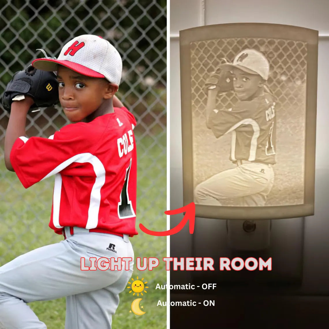 Child in baseball uniform on the left, night light with engraved image of child on the right.